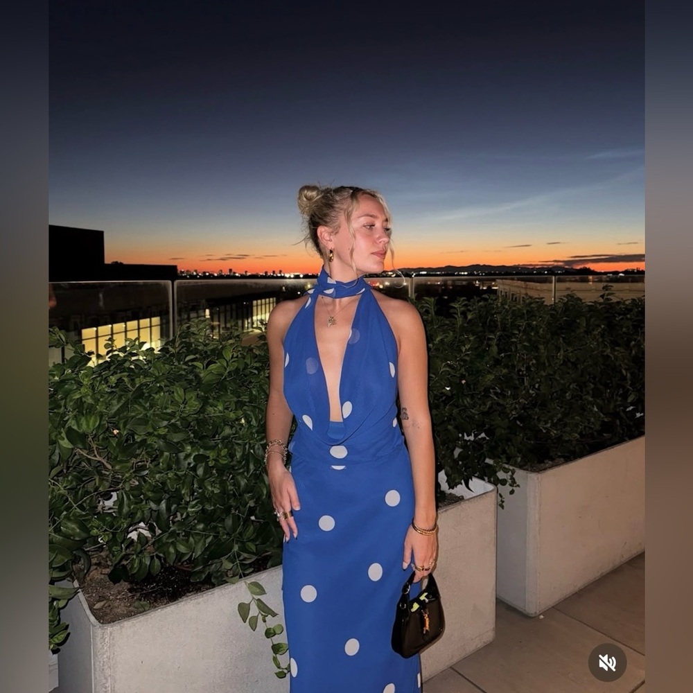 Zara Blue Polka Dot Halter Dress scarf open back maxi long evening party wedding - Picture 5 of 13